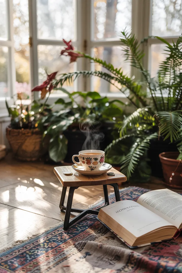 Heller und einladender Essbereich im Landhausstil, umgeben von großen Fenstern, die einen Blick ins Grüne bieten und die gemütliche Atmosphäre eines Wintergartens schaffen.
