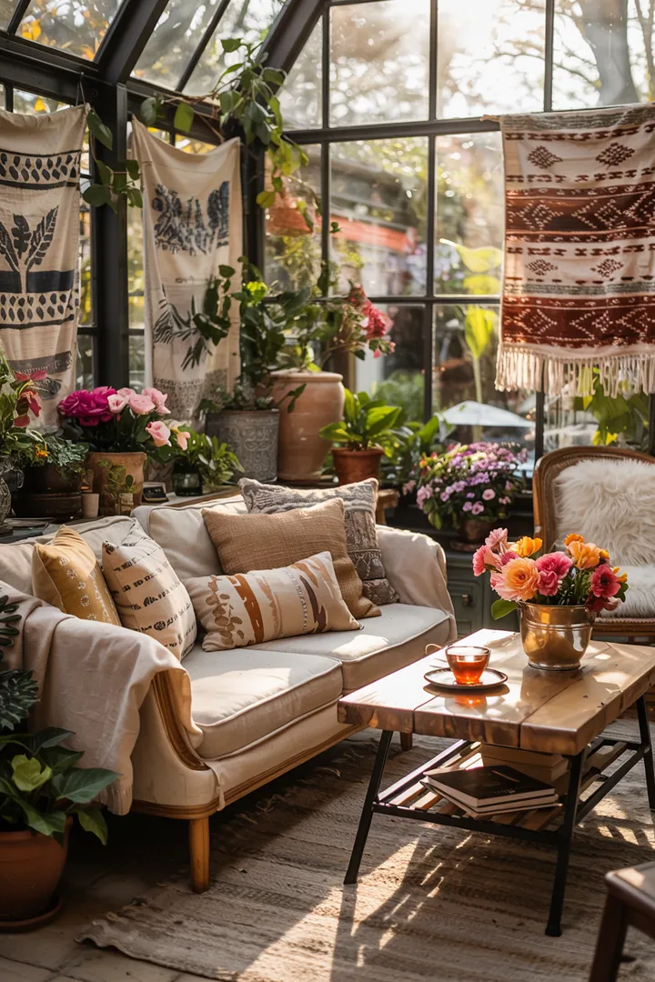 Gemütlicher Raum mit Pflanzen und natürlichen Materialien, inspiriert von Boho-Design, ideal für eine entspannte Wintergarten Atmosphäre.
