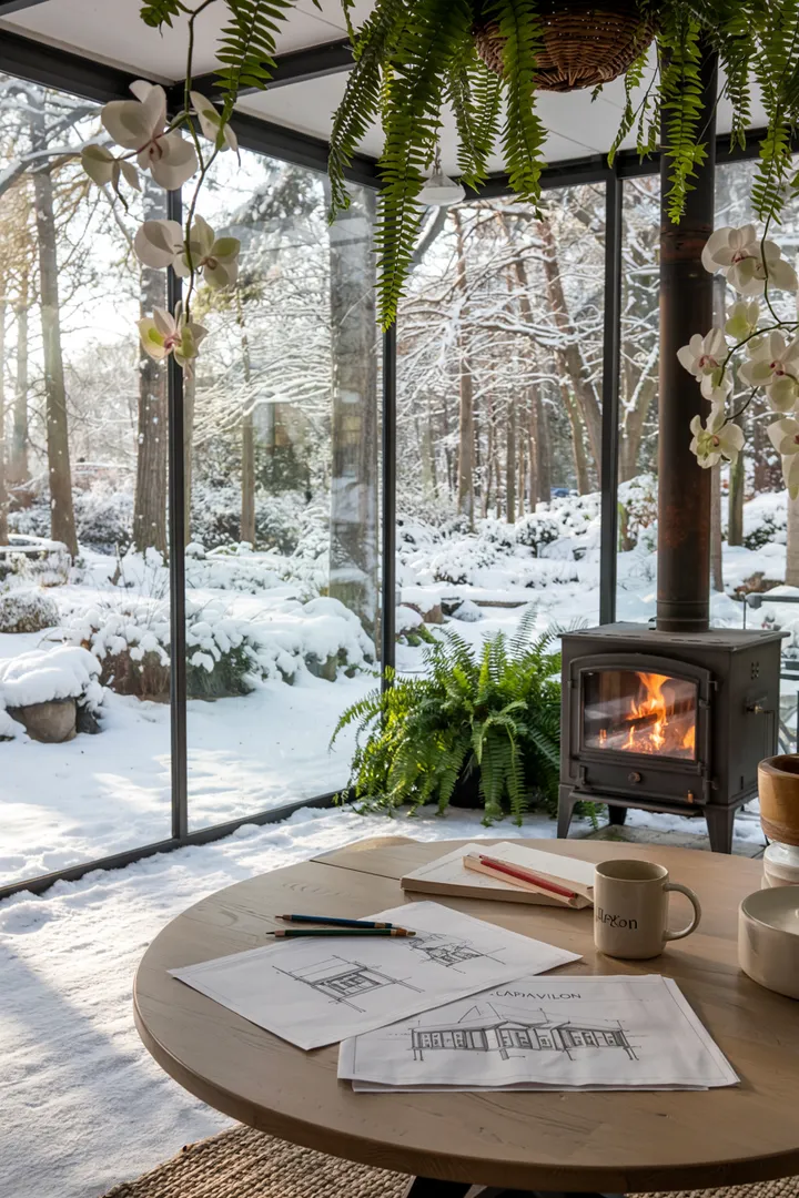 Ein heller Anbau aus Stein mit großen Fenstern, der nahtlos in eine Holzüberdachung über einer gemütlichen Terrasse integriert ist, ideal für entspannte Wintertage.