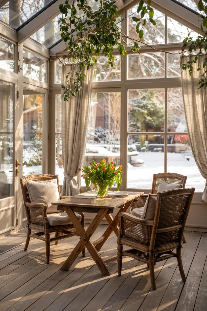 Rustikaler Anbau aus Holz, der kreative Wintergarten Ideen bietet, um eine gemütliche und naturnahe Atmosphäre zu schaffen.