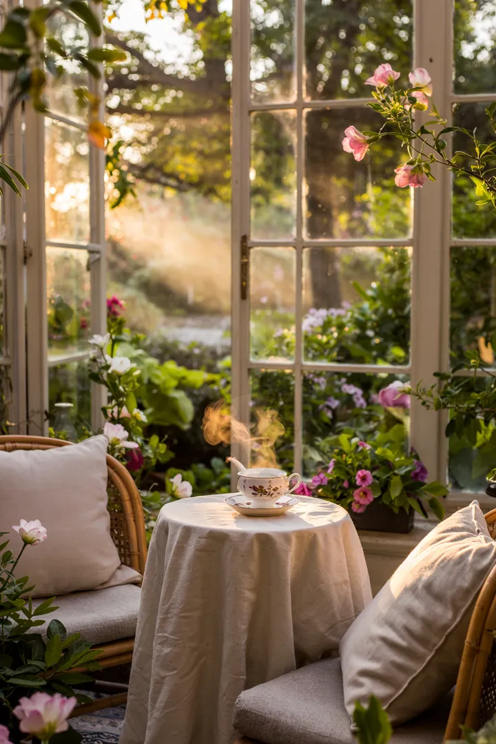 Ein stilvoller Rückzugsort, der viel Licht bietet, umgeben von einer charmanten Ziegelmauer, ideal für eine moderne Hausrenovierung.