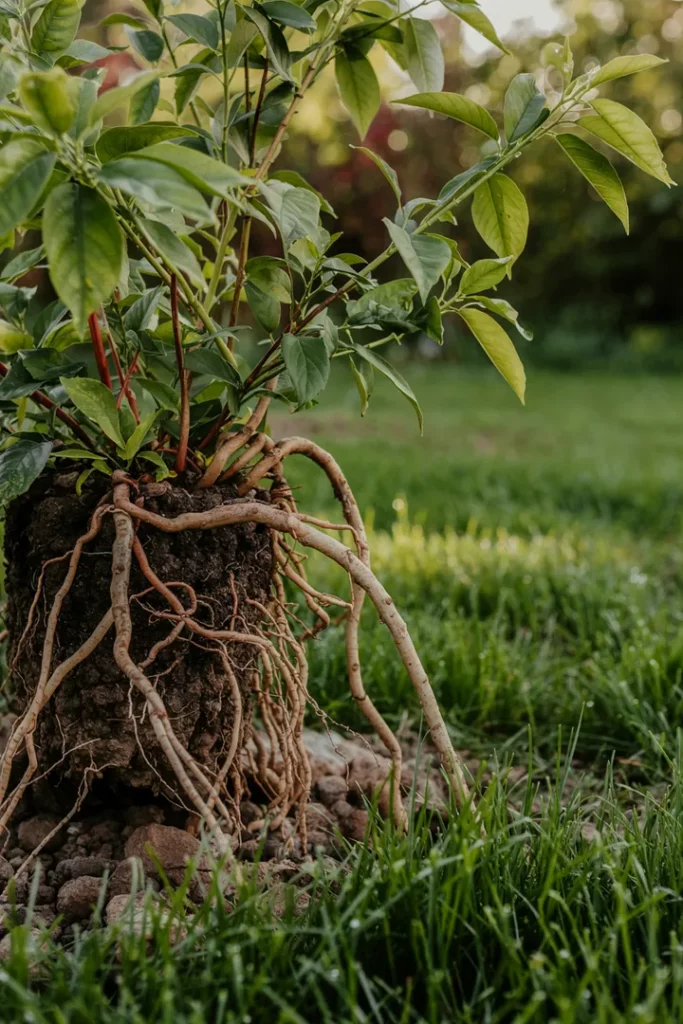 Freigelegte Pflanzenwurzeln im Gartenboden neben grünem Rasen – visuelle Metapher für Ursachenforschung bei Unkraut und Bodenveränderung.