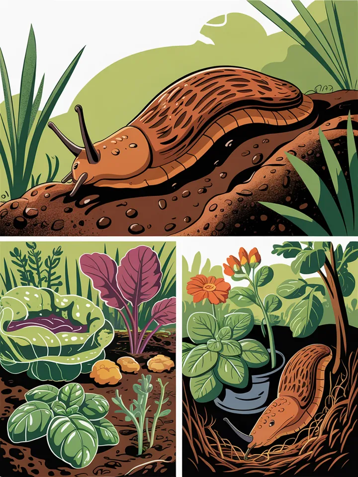 Eine Schnecke gleitet durch feuchte Erde bei Morgentau. Ein Beet mit angefressenen Salaten, daneben unberührte Kräuter wie Thymian und Rosmarin. Ein schattiger Kompost mit Schneckeneiern unter einem Holzbrett – idealer Brutplatz.