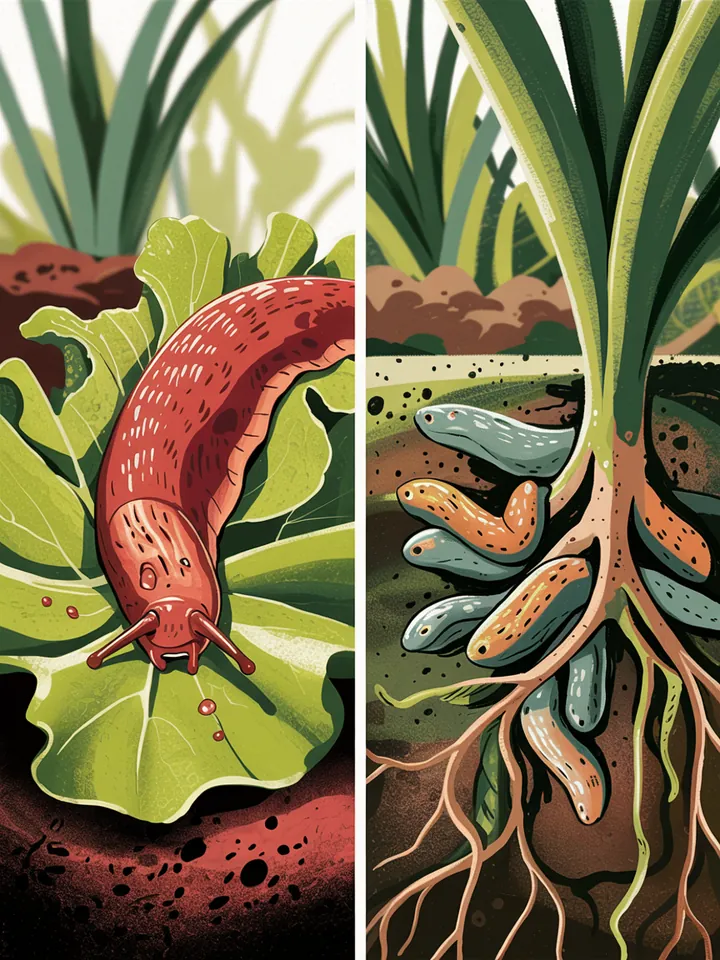 nfografikartige Illustration in zwei Hälften: Links: Eine große, rötlich-braune Spanische Wegschnecke frisst aggressiv an Gemüse. Rechts: Kleine, graue Garten- und Ackerschnecken verstecken sich tagsüber zwischen Wurzeln feuchter Erde.