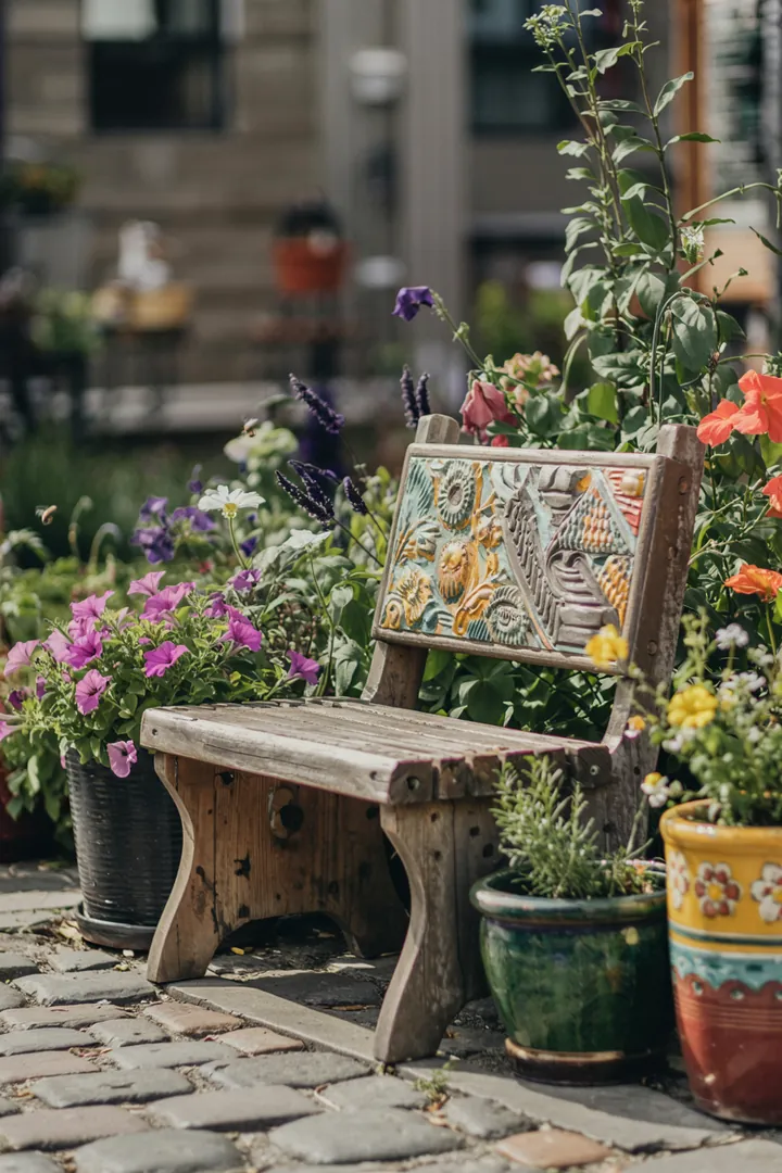 Idyllische Landschaft mit sorgfältig angelegtem Naturgarten, der harmonisch Steine und Pflanzen kombiniert, während der Rasen sanft entfernt wurde. Ideal für Ruhe und Meditation.