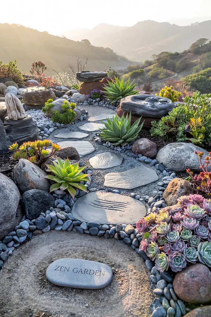 Ein harmonischer Garten mit verschiedenen Steinen und Pflanzen, der eine ruhige Atmosphäre schafft und natürliche Schönheit ausstrahlt. Ideal für Liebhaber von Steingärten.