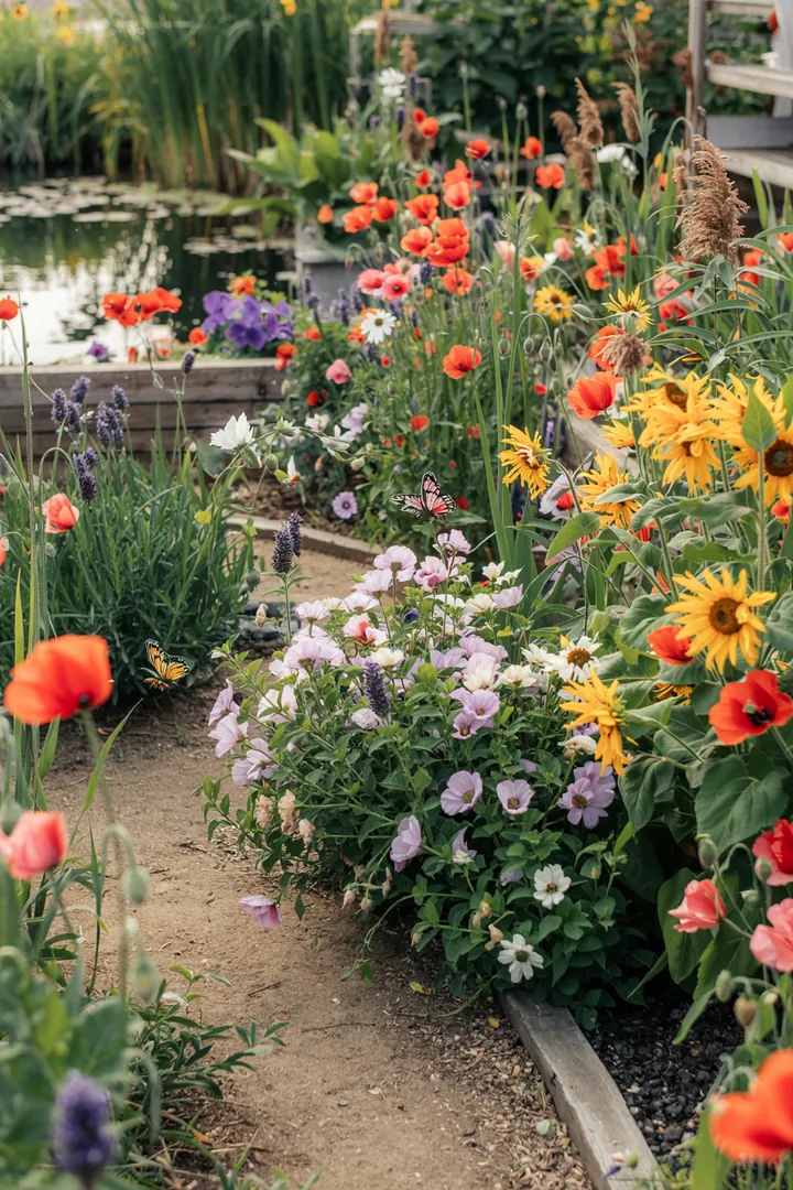 Ein idyllischer Hügelgarten mit abwechslungsreicher Pflanzenanordnung, die harmonisch in die natürliche Umgebung integriert ist. Perfekte Gartenaufteilung für Entspannung.