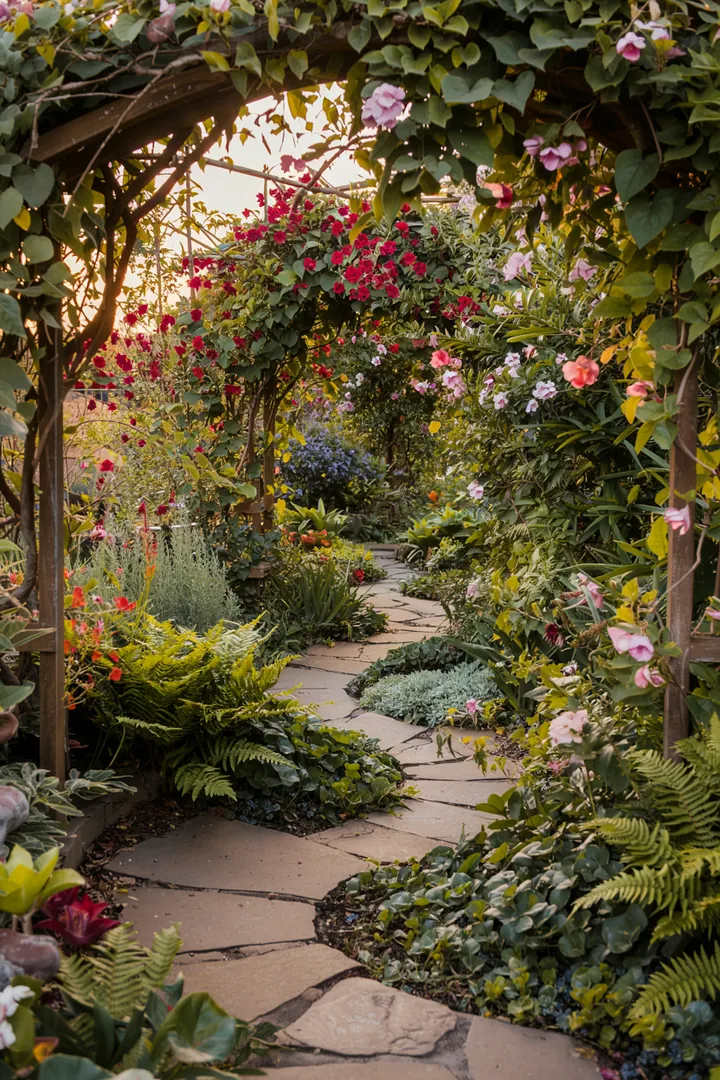 Ein üppiger Garten mit bunten Pflanzen, der harmonisch und einladend wirkt – Inspiration für naturnahe Gartengestaltung und kreative Blumengarten Ideen.