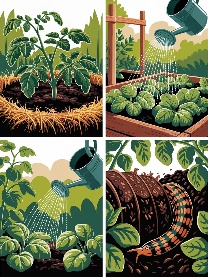 Gesunder, lockerer Boden mit Mulch und kräftigen Pflanzen. Morgendliches Gießen eines Beetes per Hand, keine Sprenkler. Offener Komposthaufen, bei dem eine Person mit einer Forke umsetzt – sichtbar sind Schneckenverstecke und ein Tigerschnegel.