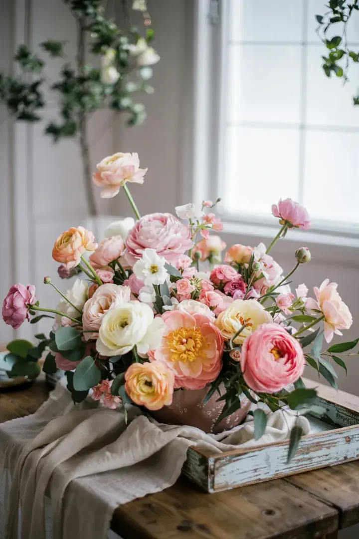 Ein kunstvolles Arrangement aus bunten Blüten und grünen Blättern, perfekt für eine individuelle Tischdekoration. Ideal für DIY-Projekte.