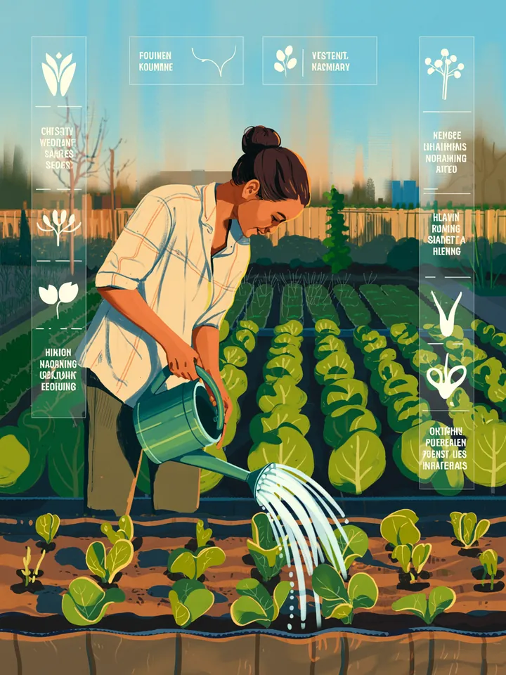 Illustration eines Gartens bei Sonnenaufgang: Eine Person gießt gezielt an den Wurzeln junger Pflanzen, die Erde bleibt an der Oberfläche trocken. Keine Sprühbewässerung, keine Abendnässe – ideale Bedingungen zur Schneckenvermeidung.