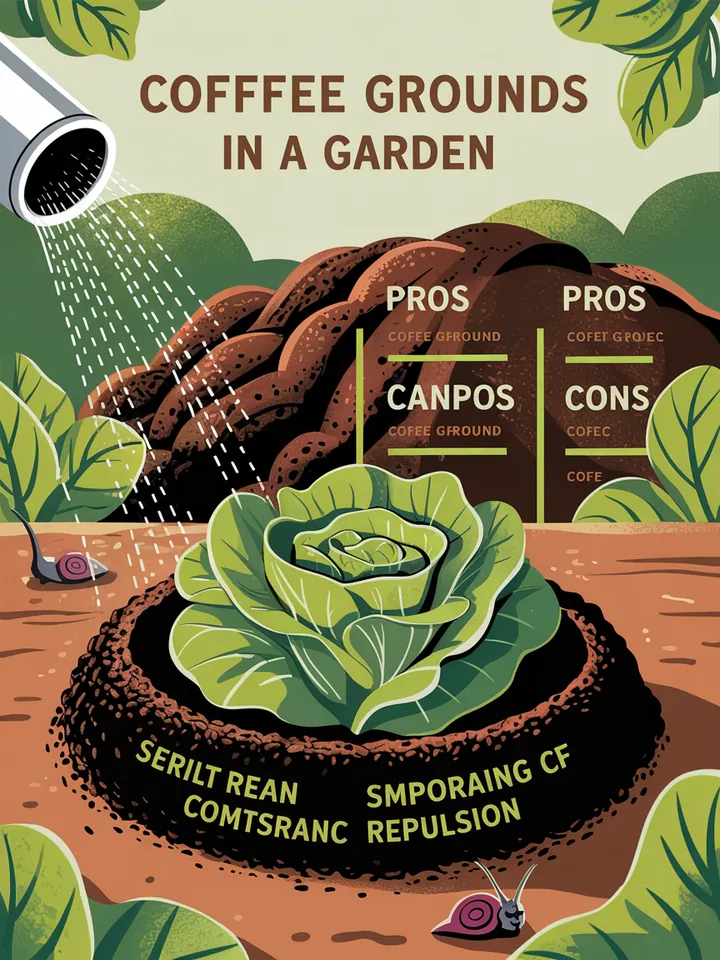 Illustration mit Vergleich: Links ein Salatbeet mit frischem Kaffeesatz als Barriere, eine Schnecke meidet den Rand. Rechts dieselbe Szene nach Regen – der Kaffeesatz ist matschig. Unten: Kaffeesatz wird als Kompostbeigabe genutzt – nachhaltige Alternative.