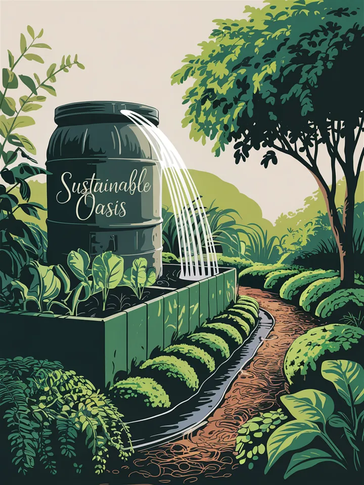 Illustration eines klimaresilienten Gartens: Regenfass mit gezieltem Überlauf in eine feuchte Wildzone, Gemüsegarten erhöht und gemulcht, flache Mulden zur Wasserlenkung, begrünte Wege zur Kühlung und Verdunstungsreduktion – durchdachtes Wassermanagement gegen Schnecken.