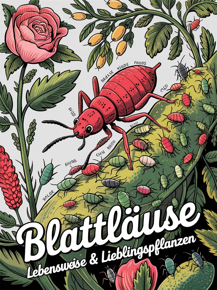 Ein grüner Pflanzenzweig mit kleinen, schädlichen Insekten und einem Sprühmittel zur Bekämpfung von Schädlingen auf natürliche Weise.