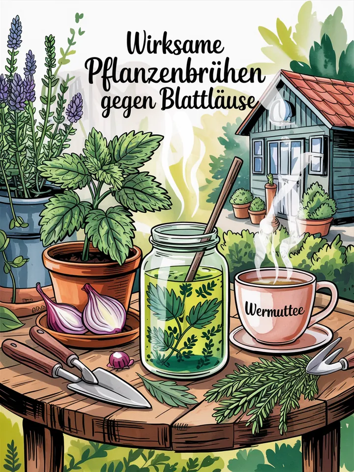 Ein grünes Blatt mit kleinen Insekten, umgeben von einer biologischen Lösung, die Pflanzen schützt und Schädlinge fernhält. Effektive Hausmittel gegen Blattläuse.