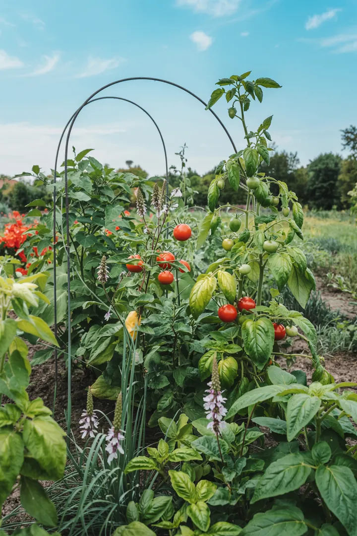 Ein harmonisches Gartendesign mit einer vielfältigen Anordnung von aromatischen Pflanzen, die naturnahe Gestaltung und durchdachte Pflanzpläne widerspiegelt.