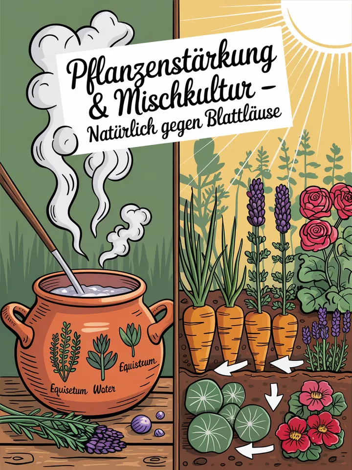 Ein grüner Pflanzenblatt mit kleinen, schädlichen Insekten, umgeben von natürlichen Lösungen zur Bekämpfung von Schädlingen. Tipps für effektive Hausmittel gegen Blattläuse.