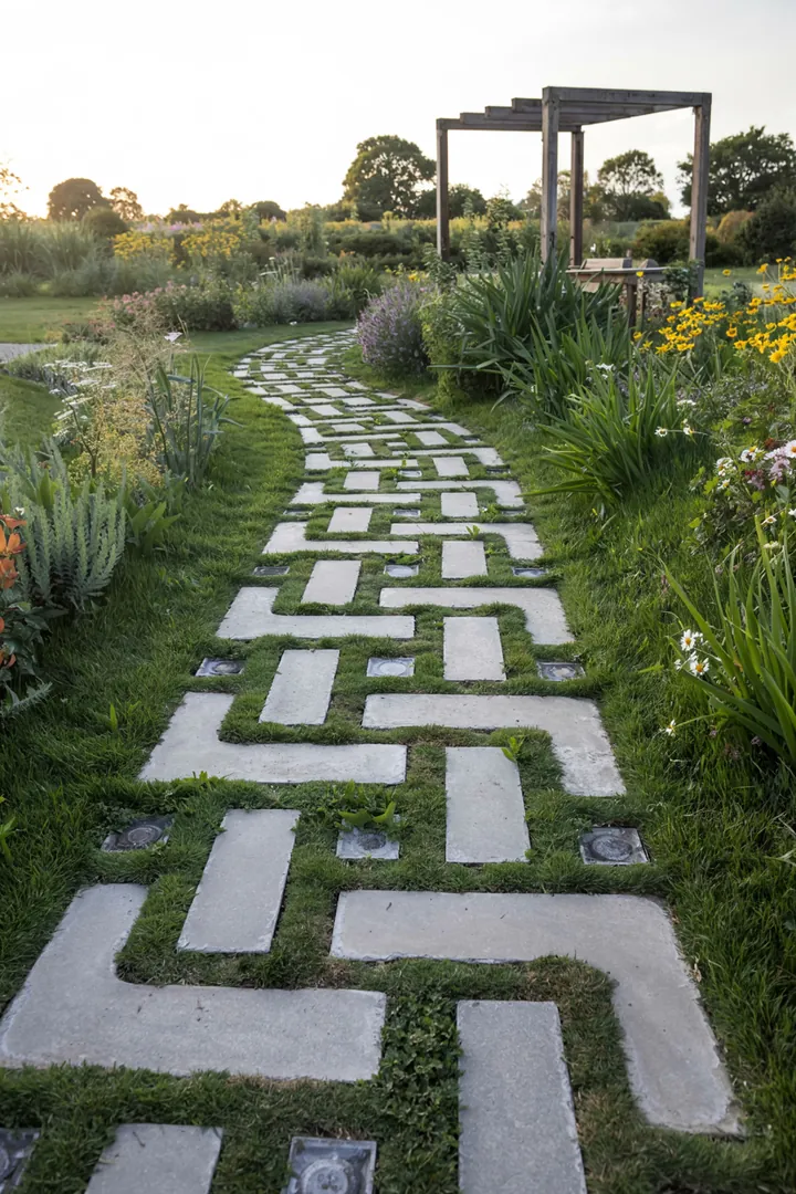 Elegante Einfahrt mit stilvollem Bodenbelag aus umweltfreundlichen Steinen, umgeben von grünem Rasen und harmonischer Landschaftsgestaltung.