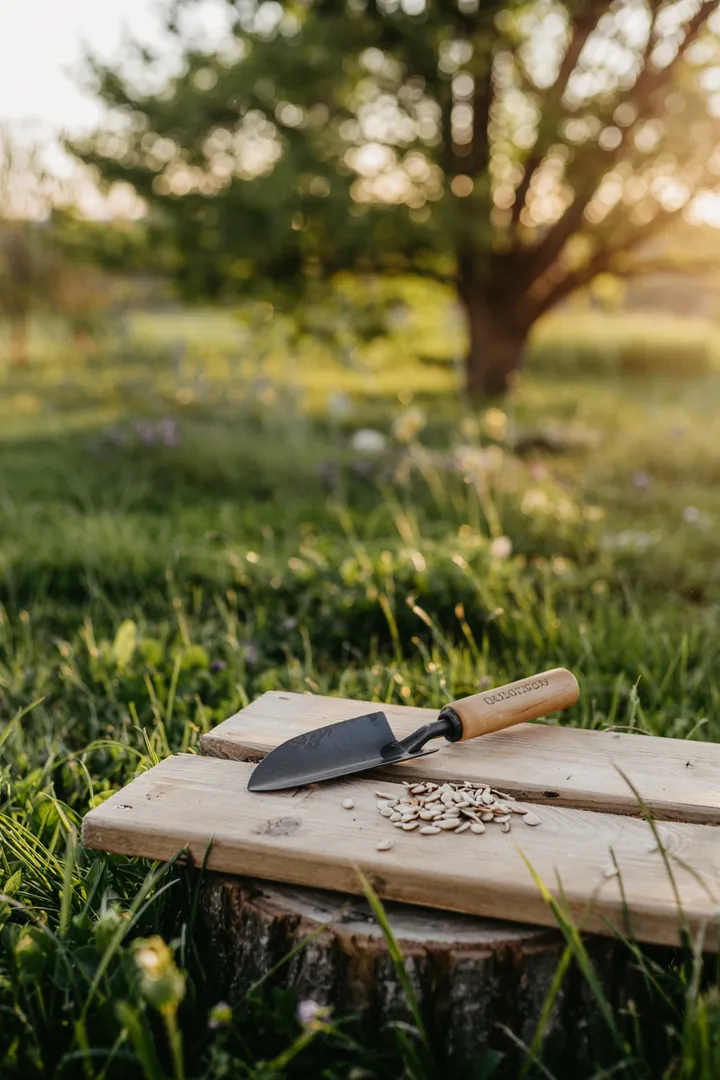 Ein liebevoll gestalteter Gartenbereich mit einer rustikalen Einfassung aus Naturmaterialien, umgeben von üppigen Pflanzen und Gemüsebeeten.