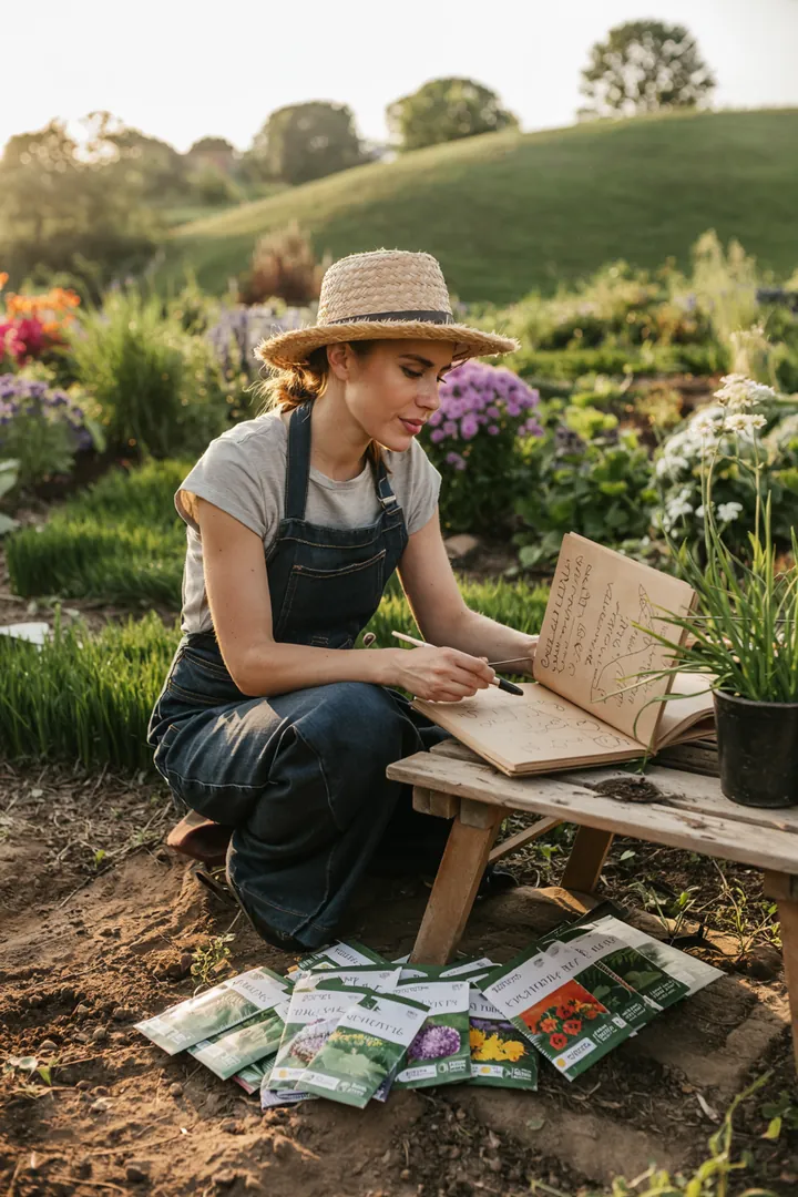 Ein farbenfrohes Arrangement verschiedener Pflanzen und Blumen in einem idyllischen Außenbereich, inspiriert von kreativen Gartengestaltungen. Ideal für Blumengarten Ideen.