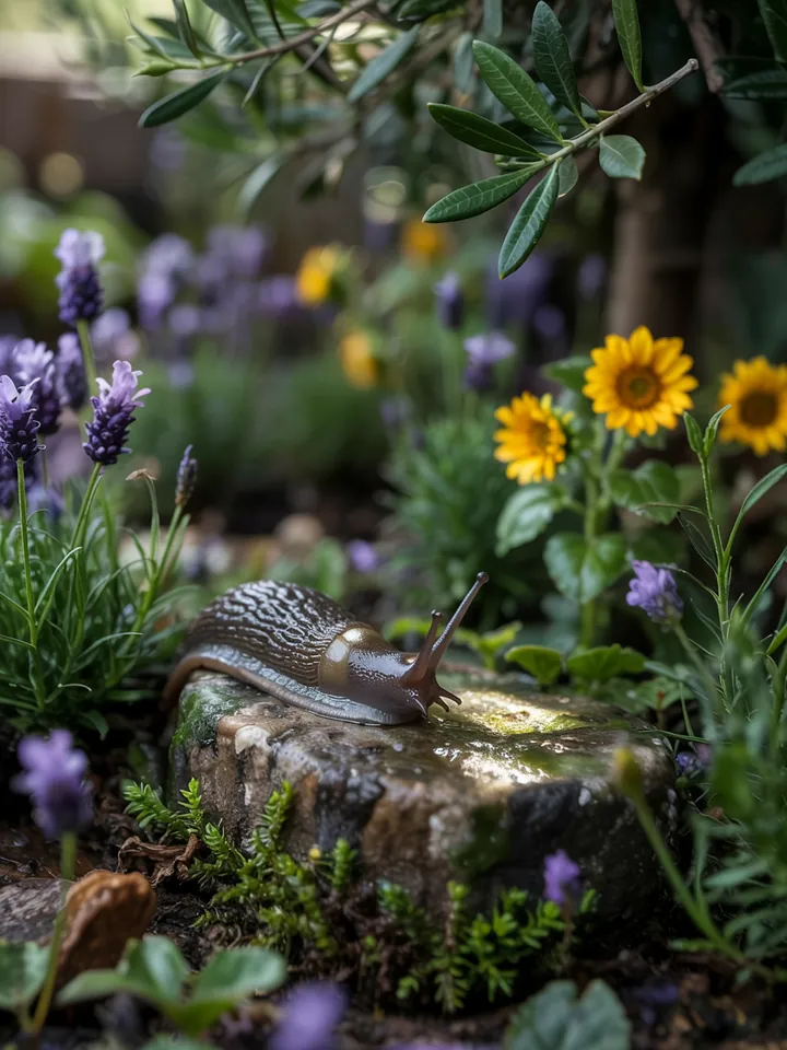 Ein blühendes grünes Umfeld, in dem verschiedene Gartenschädlinge, wie Schnecken, unerwünschte Pflanzen beeinträchtigen und die Gartenpflege herausfordern.