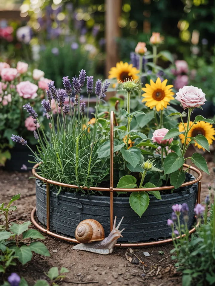 Selbstgemachte Vorrichtung zur Abwehr von Weichtieren in einem Gartenbeet, ideal für den Schutz von Pflanzen in Hochbeeten.