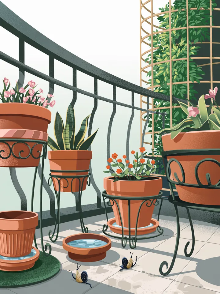 Illustration eines Balkons mit erhöht stehenden Pflanztöpfen: Einige stehen auf glatten Metallgestellen oder in wassergefüllten Untersetzern. Andere sind mit Kupferband umrandet. Schnecken versuchen, die Töpfe zu erreichen, meiden aber die Barrieren. Pflanzen in verschiedenen Höhen erzeugen Struktur.