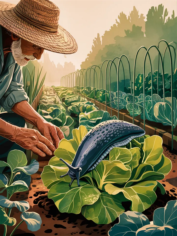 Illustration eines friedlichen Gartens im Morgengrauen: Eine Gärtnerin beobachtet eine Schnecke, die an einem angeknabberten Salatblatt frisst. Die Szene zeigt das Spannungsfeld zwischen Natur, Gärtnerliebe und ökologischem Gleichgewicht.