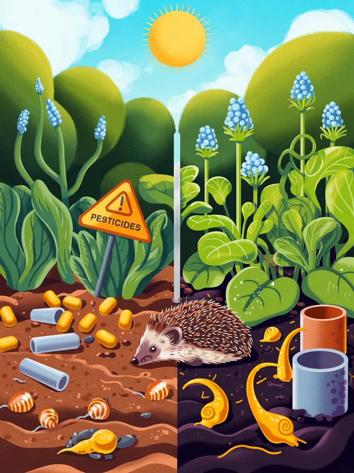 Links ein Garten mit Schneckenkorn, toten Schnecken, Warnsymbolen, traurigem Igel und matten Pflanzen. Rechts ein lebendiger Garten mit gesunder Bepflanzung, natürlichen Barrieren und einem aktiven Igel – Symbol für giftfreies Gärtnern.