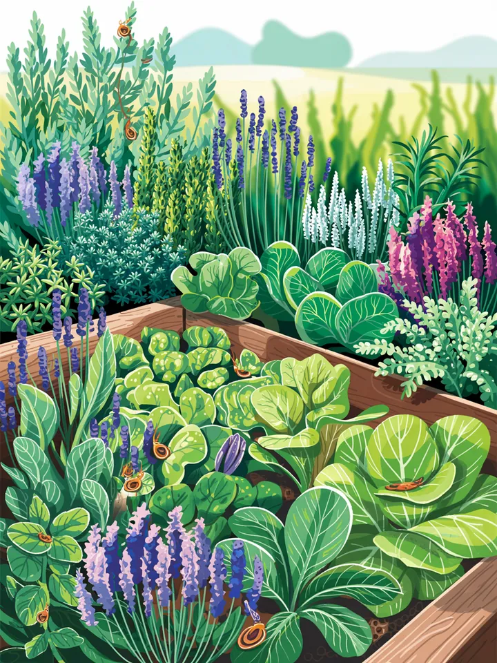 Illustration eines Gartenbeets mit Randbepflanzung aus Lavendel, Thymian, Salbei, Rosmarin, Frauenmantel und Farn. In der Mitte wachsen Salate – geschützt durch die aromatischen Kräuter. Eine Schnecke hält Abstand zum Beet.