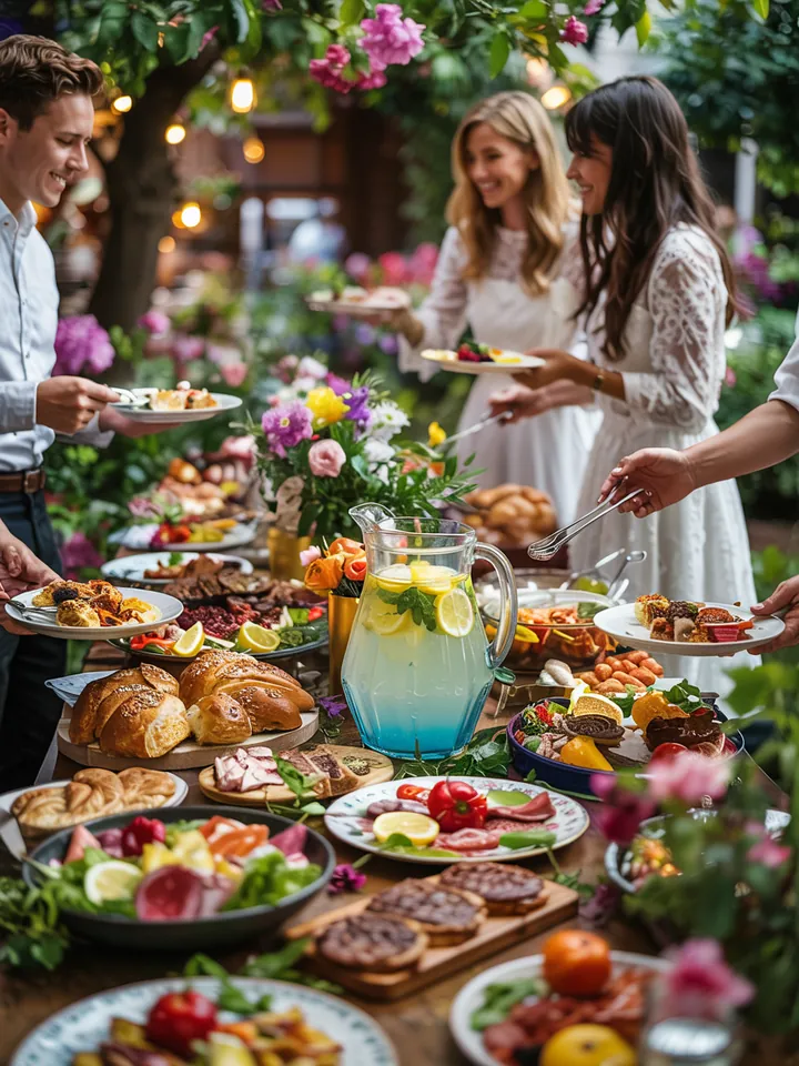 Bunte Tischdeko und erfrischende Getränke schaffen eine einladende Atmosphäre für ein fröhliches Grillfest im Freien.