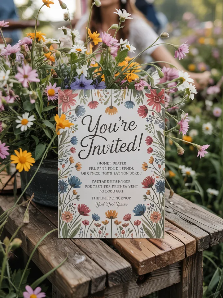 Eine festliche Einladung für eine fröhliche Feier im Freien, umgeben von bunten Blumen und einer einladenden Atmosphäre. Perfekt für eine Gartenparty!