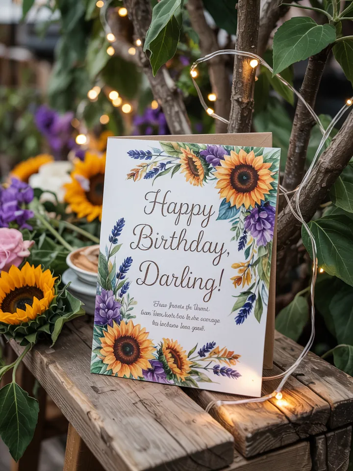 Ein festlich dekorierter Tisch im Freien, umgeben von bunten Blumen und Lichtern, ideal für eine Gartenfeier. Perfekte Einladungsvorlage für eine unvergessliche Feier im Grünen.