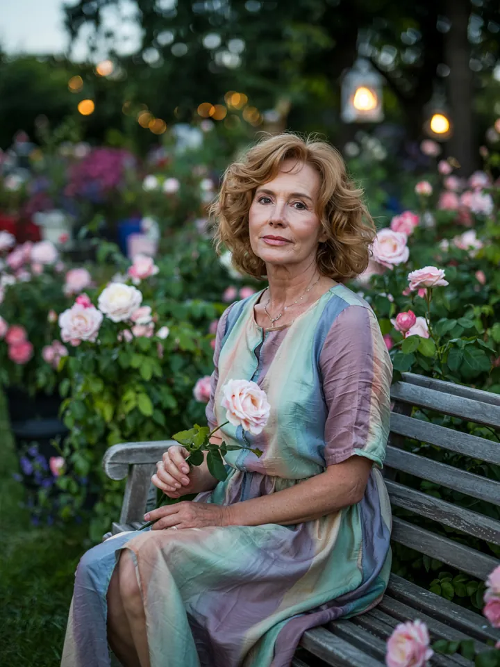 Elegante Damenkleidung für eine fröhliche Gartenfeier, kombiniert mit floralen Accessoires und luftigen Stoffen für einen entspannten Look.