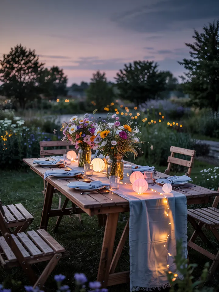 Ein festlich geschmückter Außenbereich mit bunten Lichtern, eleganten Tischarrangements und floralen Akzenten für eine unvergessliche Feier im Freien.