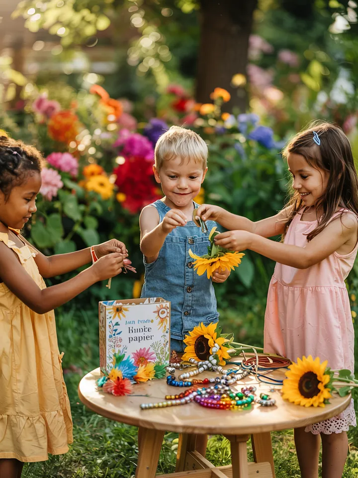 Bunt dekorierter Außenbereich mit gemütlichen Sitzgelegenheiten, festlicher Beleuchtung und farbenfrohen Accessoires für ein unvergessliches Sommerfest im Freien.