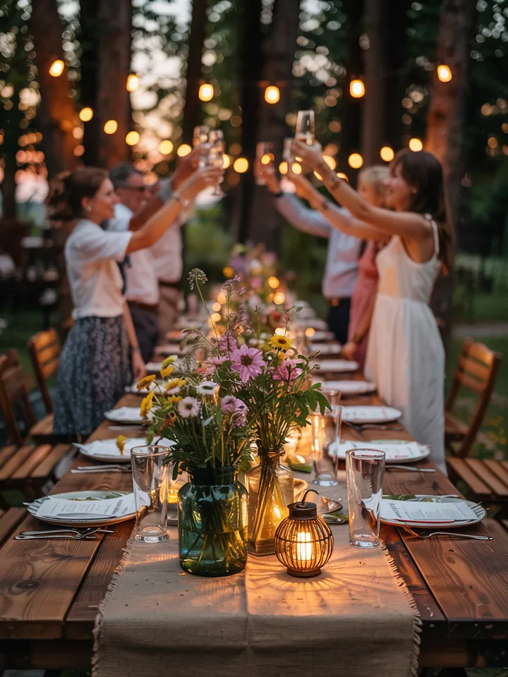 Bunt dekorierter Außenbereich mit festlichen Elementen, ideal für ein unvergessliches Gartenfest oder Sommerfest mit Freunden und Familie.
