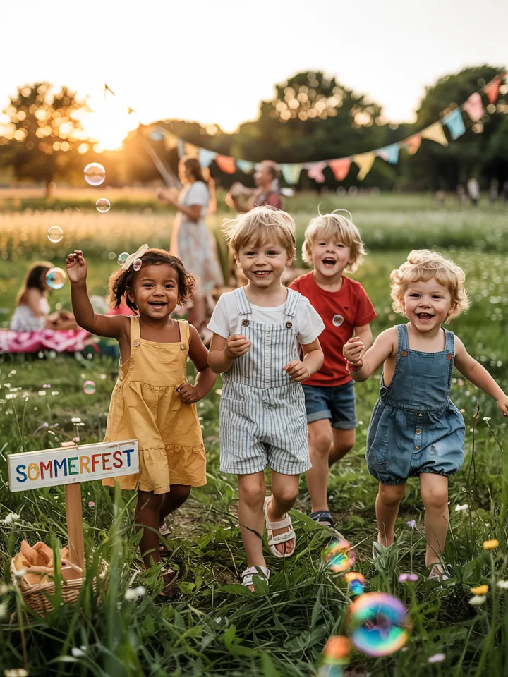 Bunte Feier im Freien mit festlicher Stimmung, um eine handgefertigte Darstellung einer traditionellen Weihnachtskrippe. Ideal für ein Sommerfest.
