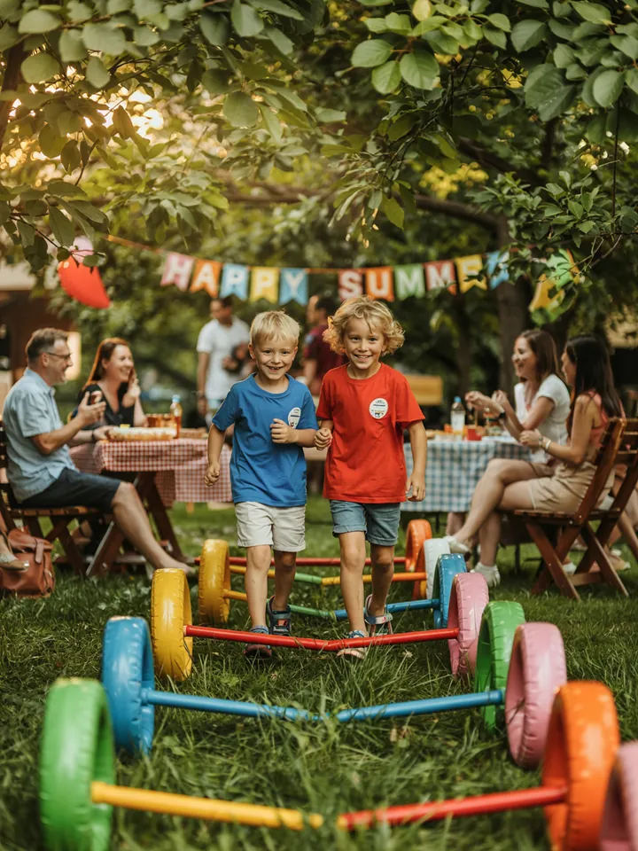 Bunt dekorierte Feier im Freien mit fröhlichen Kindern, die gemeinsam Spiele spielen und kreative Aktivitäten für einen unvergesslichen Kindergarten-Sommerfest erleben.