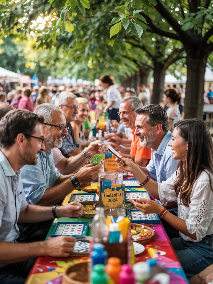 Bunt geschmückter Schulhof bei fröhlichem Fest, mit Kindern, Spielen und leckeren Snacks, die Sommerfreude erleben.