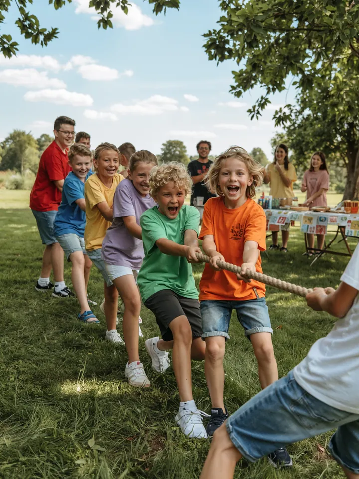 Fröhliche Kinder lachen und spielen, während sie schillernde Seifenblasen auf einem bunten Geburtstag feiern.