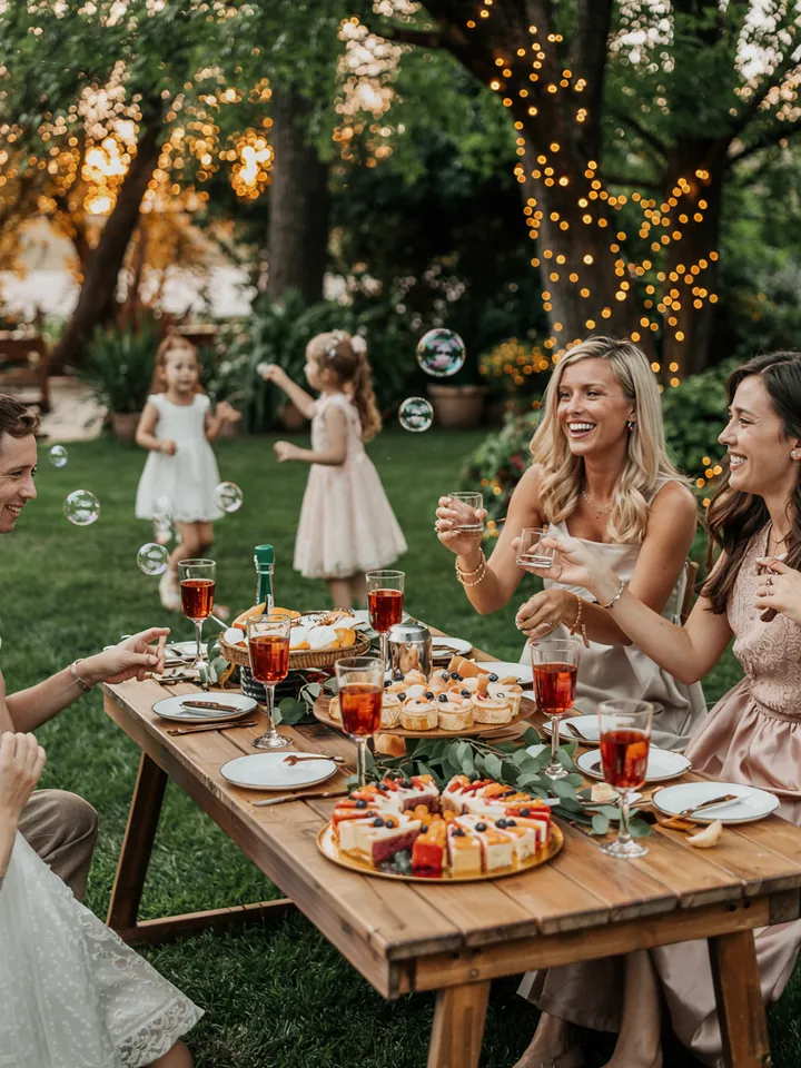 Bunte und festliche Atmosphäre mit eleganten Arrangements und Accessoires für eine Gartenfeier zum Geburtstag, ideal für eine unvergessliche Feier im Freien.