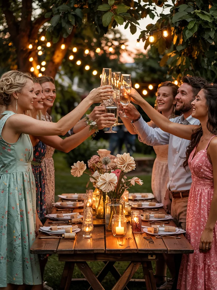 Bunte Tischdekoration mit Laternen und floralen Akzenten für eine fröhliche Feier im Freien, ideal für eine Deko Gartenparty.
