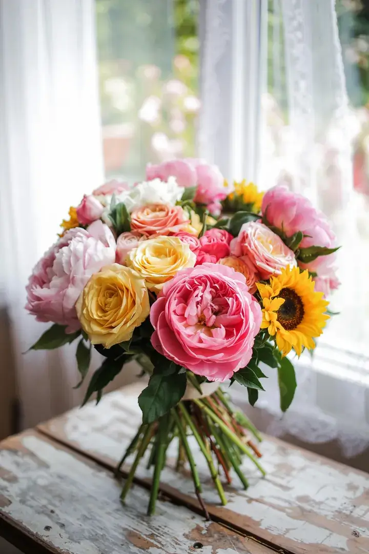 Eine kunstvolle Komposition aus bunten Blüten, die harmonisch in einer eleganten Präsentation angeordnet sind, ideal für florale Dekoration und Straußgestaltung.