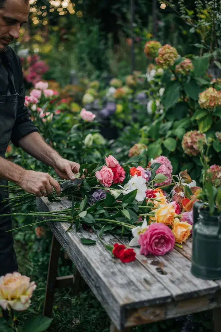 Eine Floristin schneidet mit präzisen Bewegungen Blumenstiele, um ansprechende Arrangements zu kreieren und ihre Technik zu verfeinern.