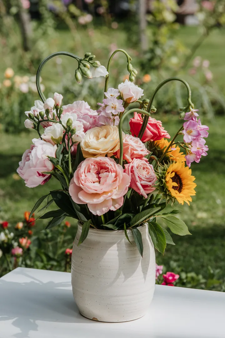 Bunte Blumenanordnung in einem eleganten Straußdesign, perfekt für festliche Anlässe und floristische Dekoration.