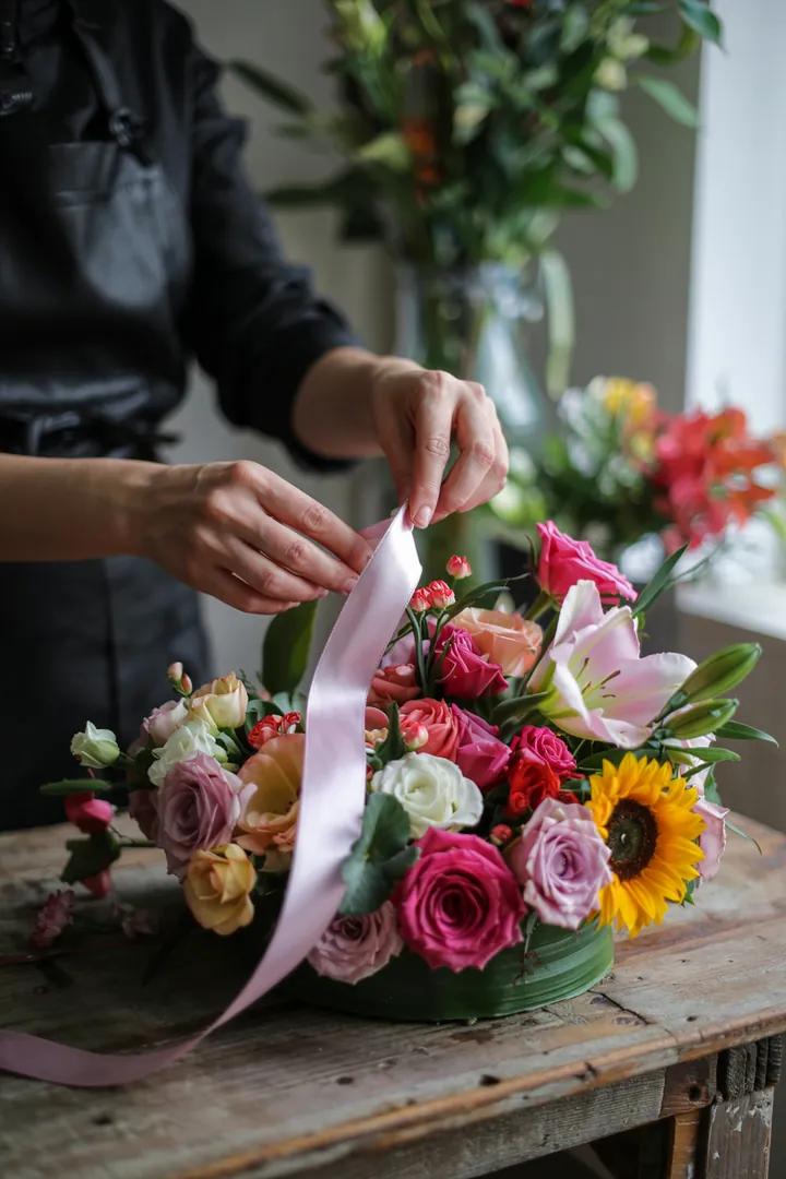 Ein kunstvoll arrangiertes Bouquet mit einem farbenfrohen Bindeband, das die Kunst des Straußbindens in der Floristik veranschaulicht.