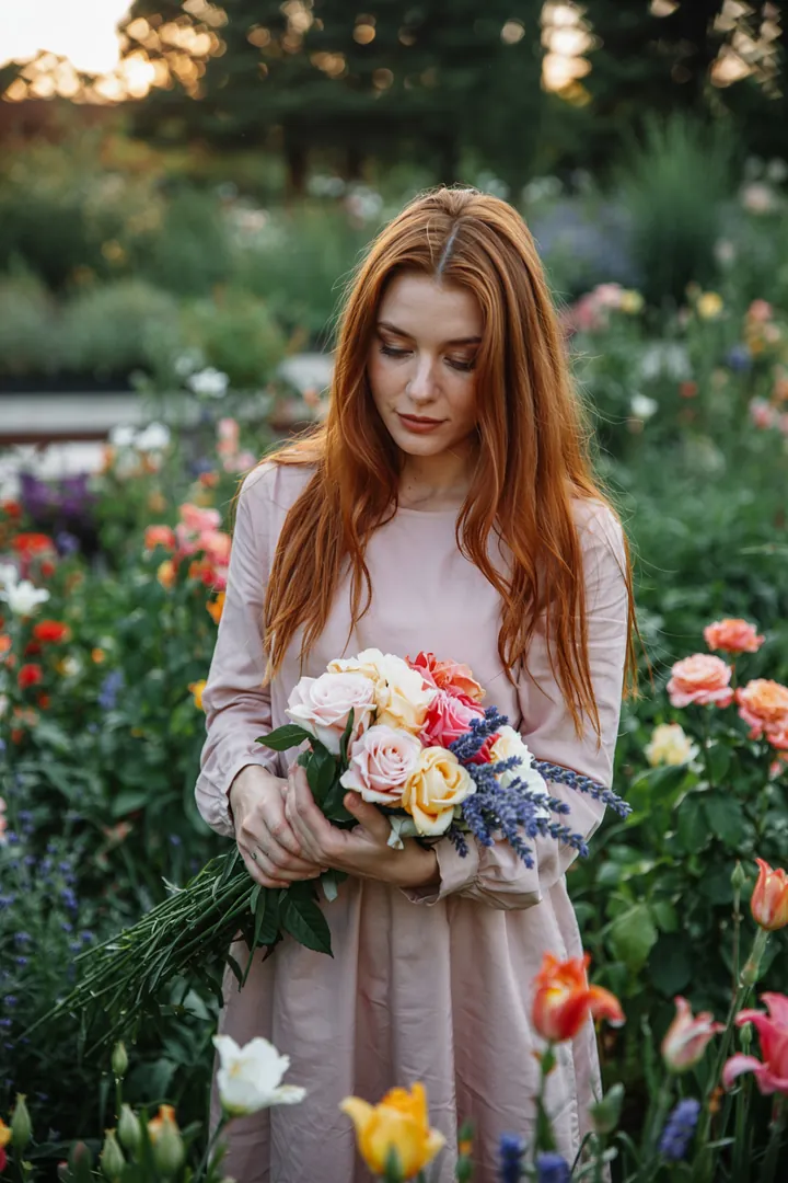 Eine harmonische Szene mit bunten Pflanzen und floralen Arrangements, die die Freude an der Pflanzenpflege und kreativen Auswahl im Garten verdeutlicht.