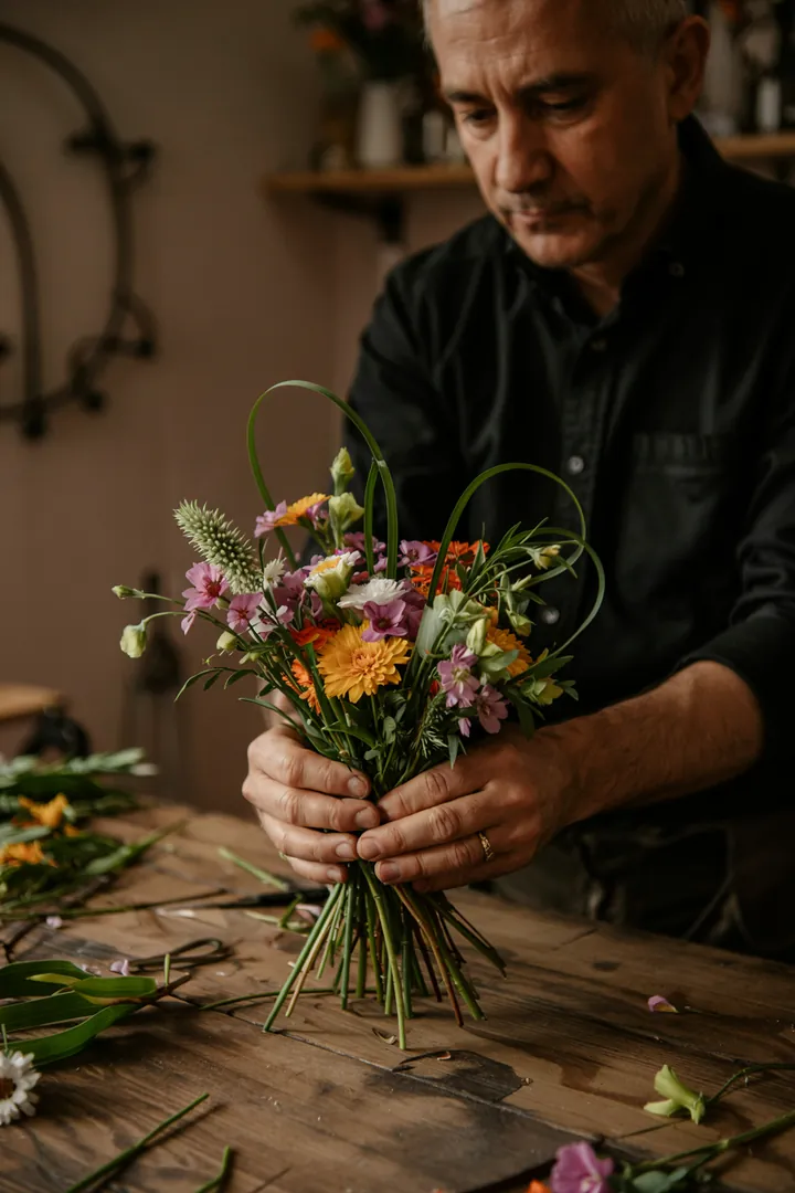 Ein kunstvoll arrangierter Blumenstrauß, der durch kreative Floristiktechnik und raffinierte Straußfixierung harmonisch zusammengehalten wird.