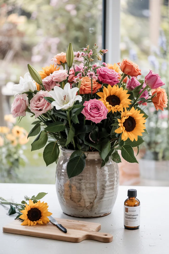 Ein ansprechend arrangiertes Bouquet mit bunten Blüten, das die Kunst der Floristik und die richtige Pflege für Schnittblumen zeigt.